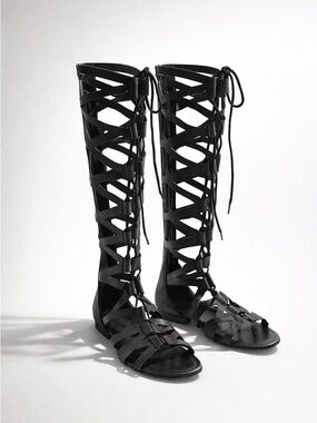 Black Lace-Up Gladiator Knee-High Sandals